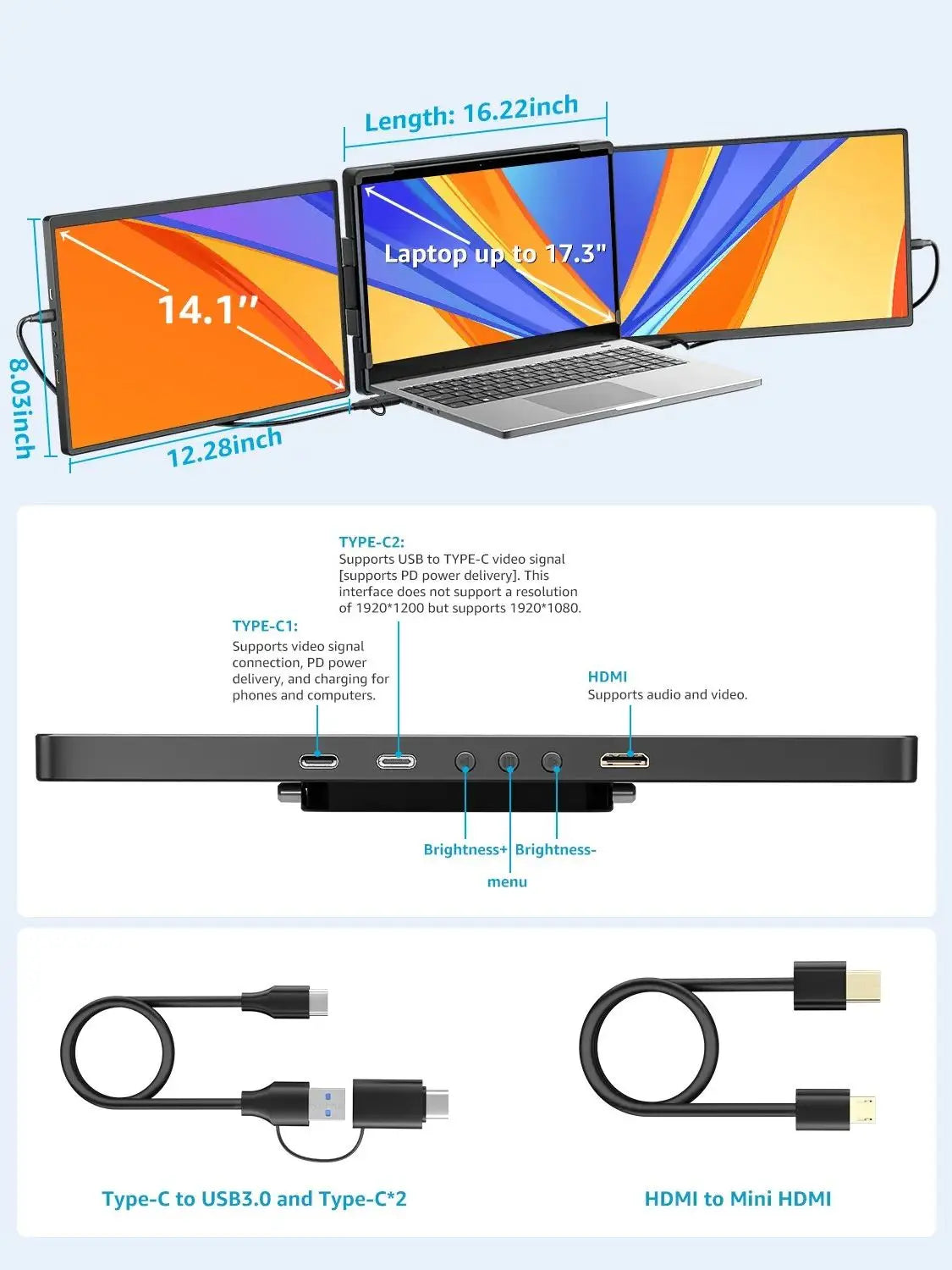 Dopesplay 14.1" Triple Portable Laptop Monitor
